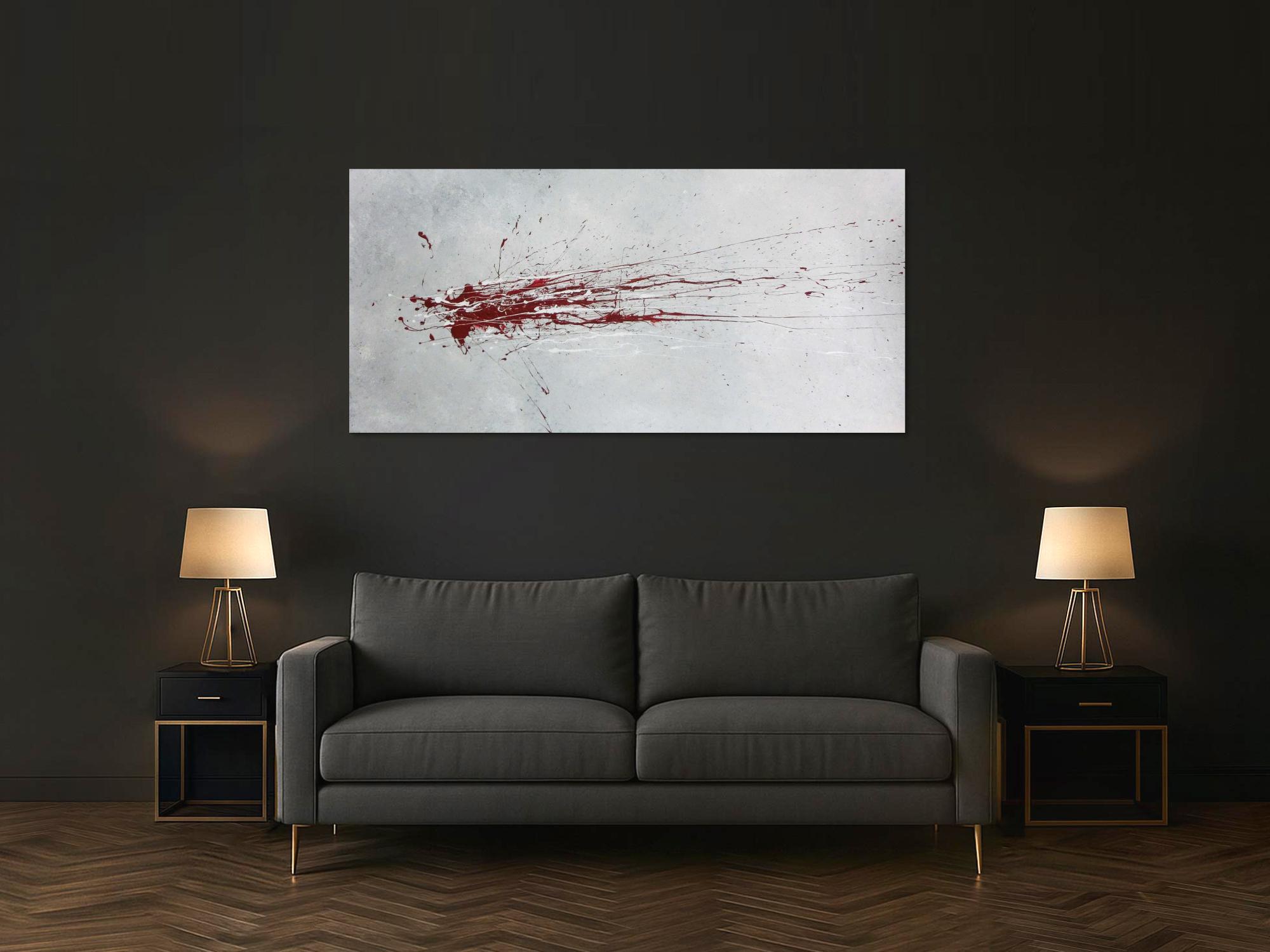 Abstraktes Acrylbild mit rotem Fleck - grau silber rot