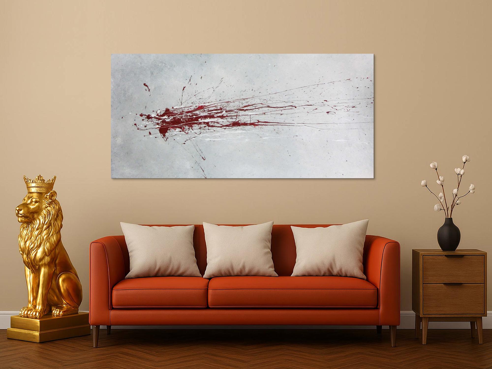 Abstraktes Acrylbild mit rotem Fleck - grau silber rot