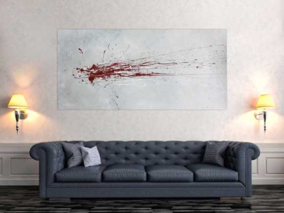 Abstraktes Acrylbild mit rotem Fleck - grau silber rot