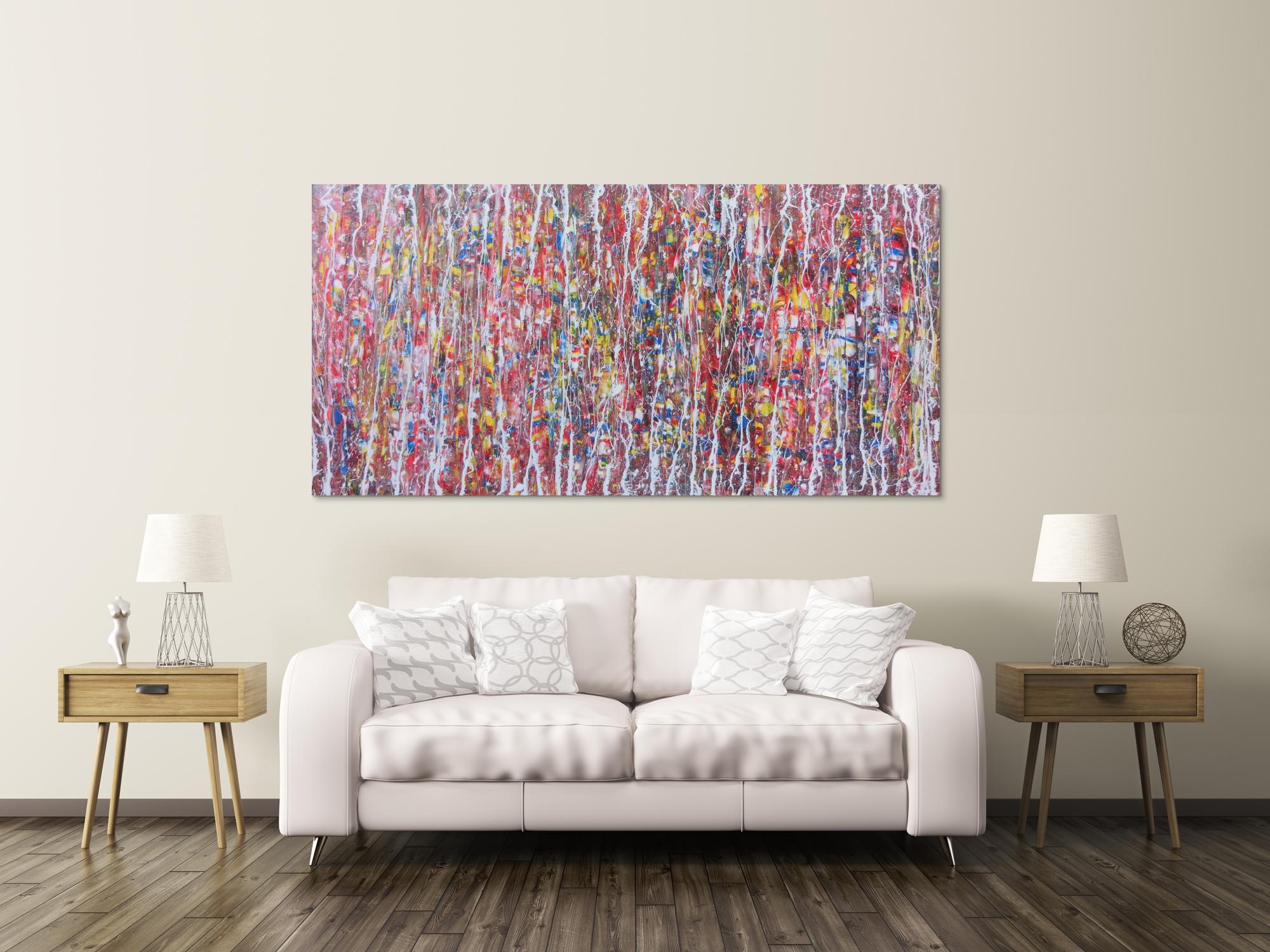 Abstraktes Acrylbild bunt mit weißen Streifen