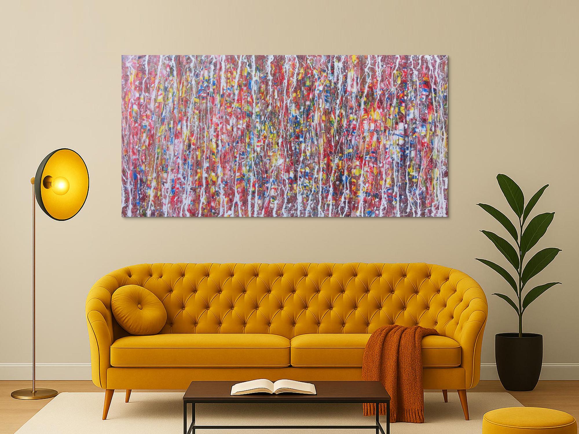 Abstraktes Acrylbild bunt mit weißen Streifen