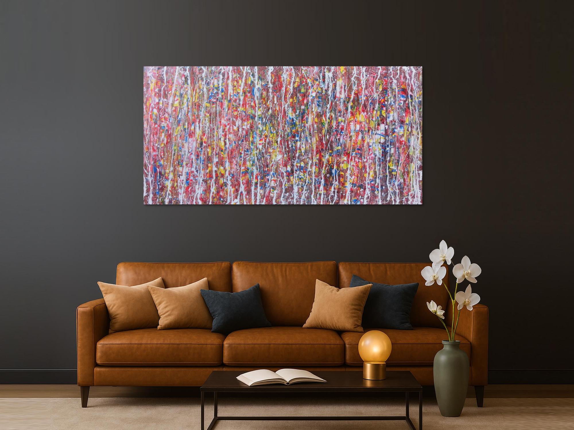 Abstraktes Acrylbild bunt mit weißen Streifen