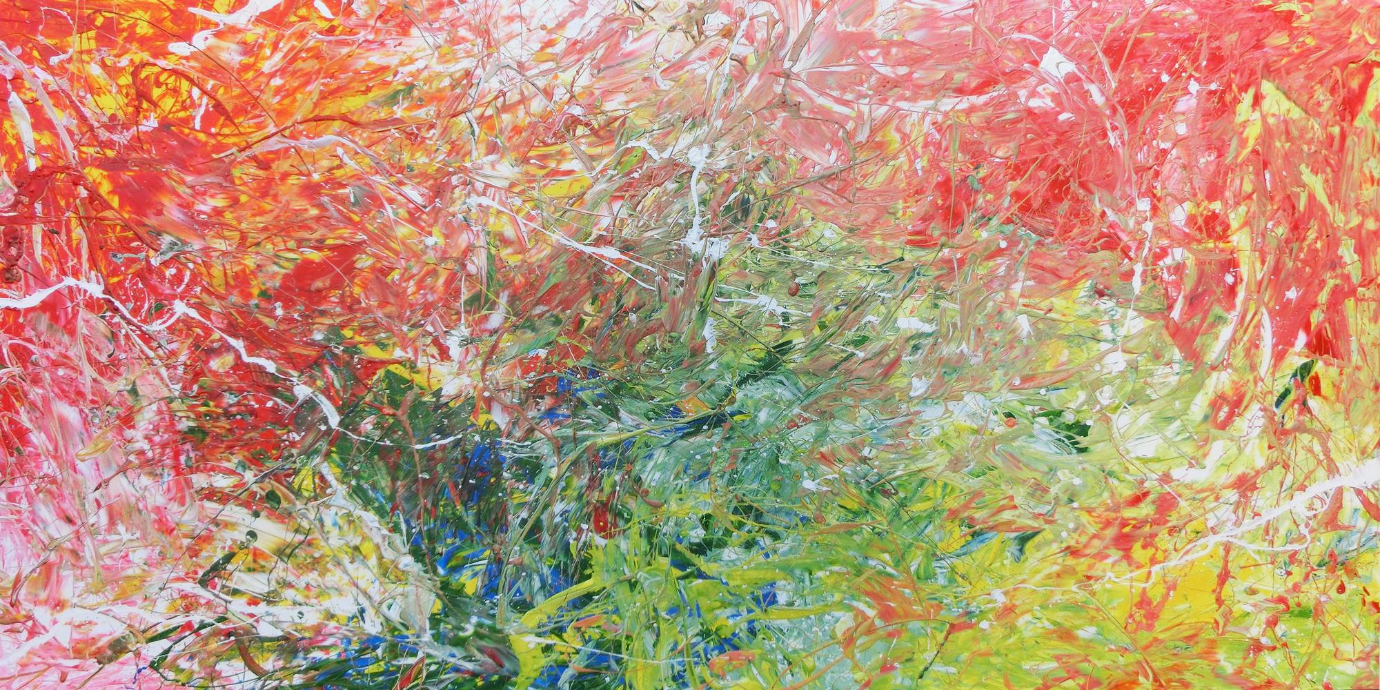 Abstraktes Acrylbild in grün blau und rot Tönen