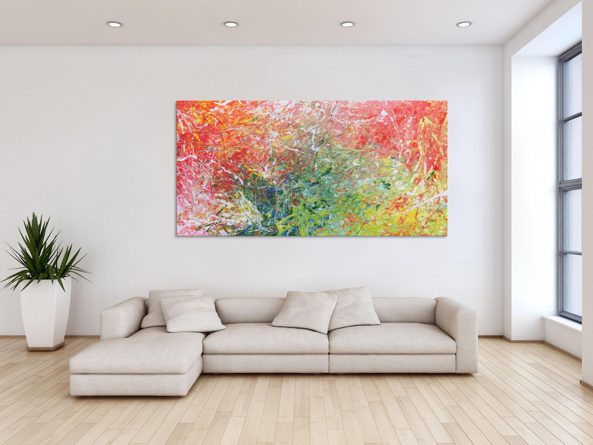 Abstraktes Acrylbild in grün blau und rot Tönen