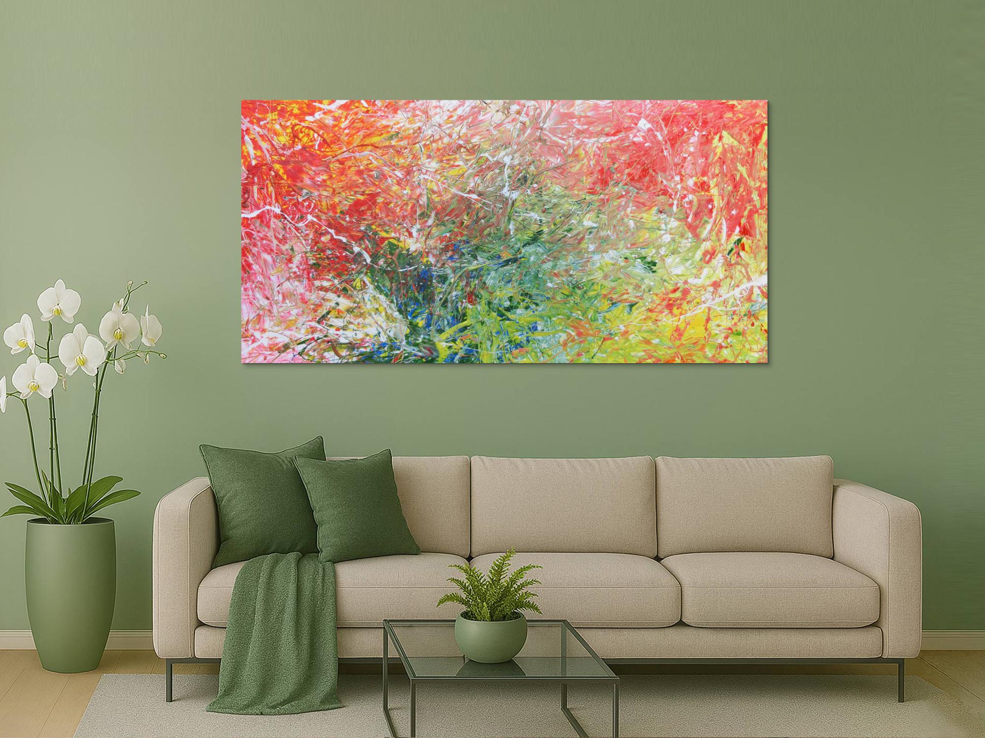 Abstraktes Acrylbild in grün blau und rot Tönen