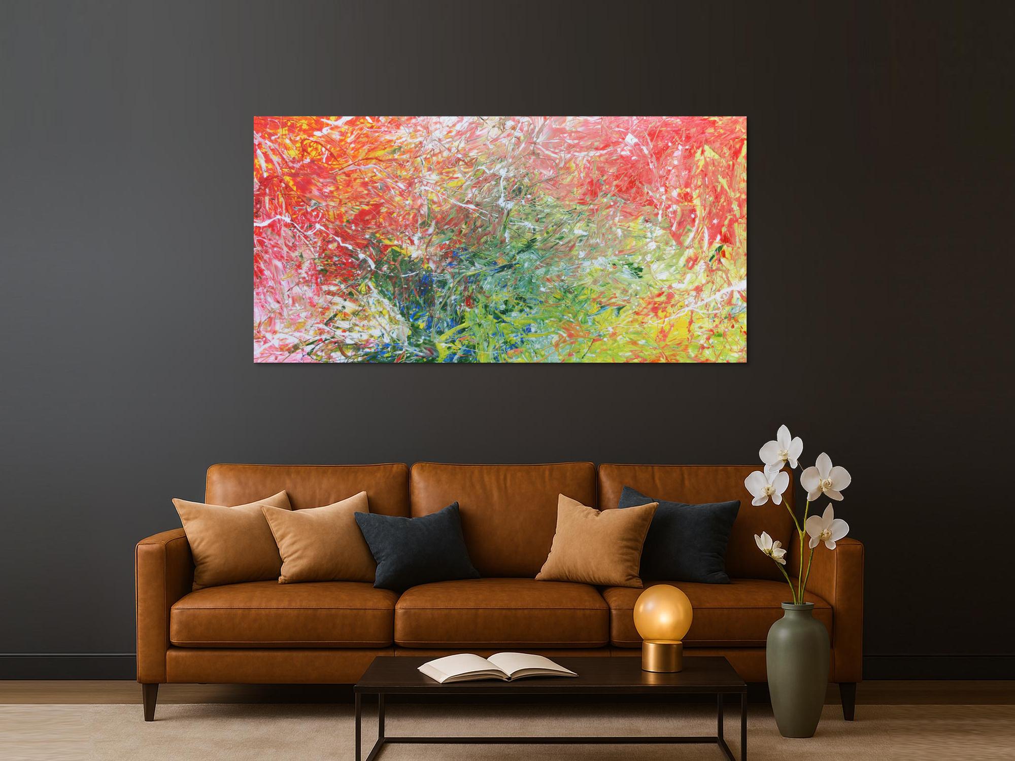 Abstraktes Acrylbild in grün blau und rot Tönen