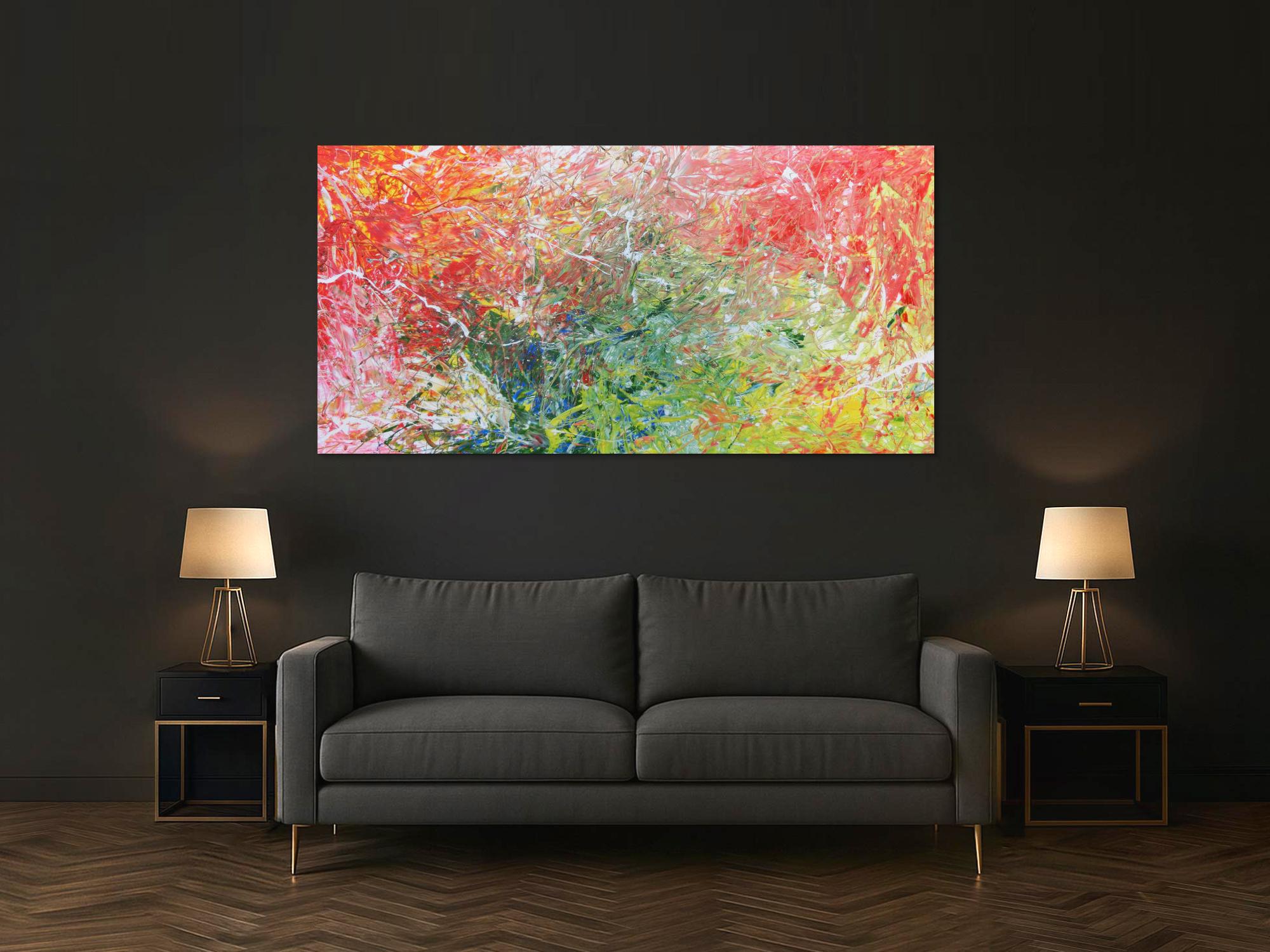 Abstraktes Acrylbild in grün blau und rot Tönen