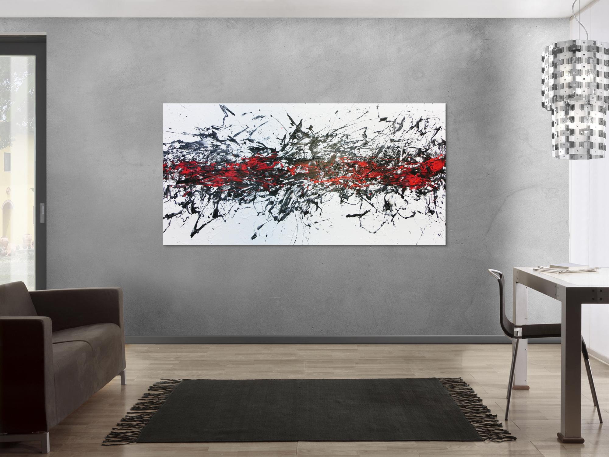 Abstraktes Acrylbild modern in weisß schwarz und rot