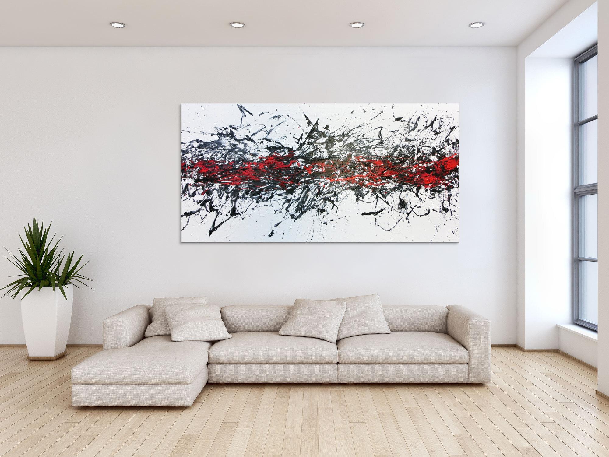 Abstraktes Acrylbild modern in weisß schwarz und rot