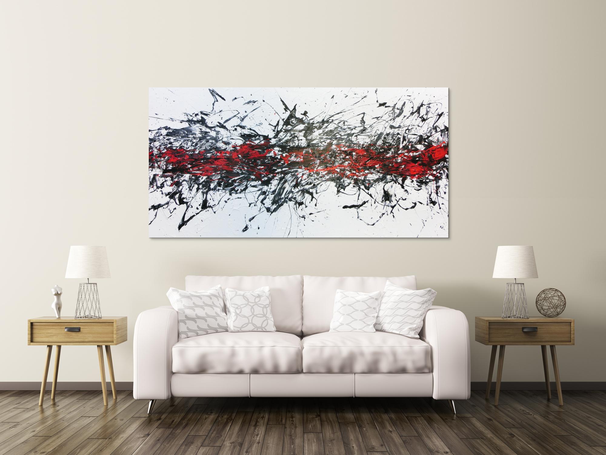 Abstraktes Acrylbild modern in weisß schwarz und rot