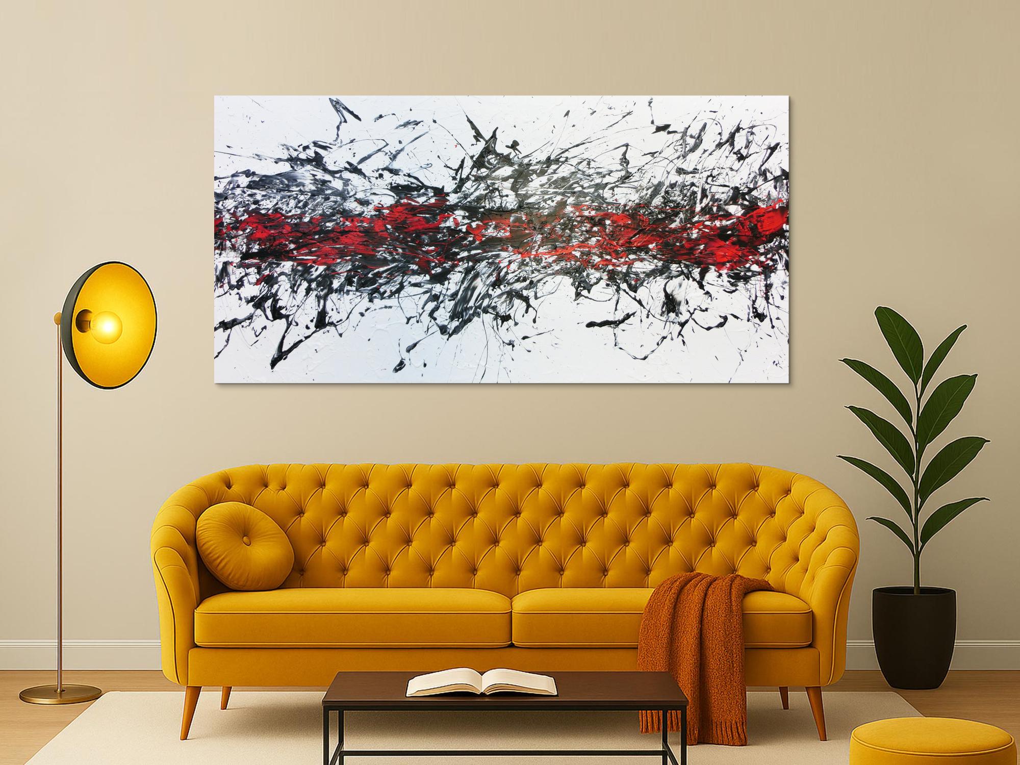 Abstraktes Acrylbild modern in weisß schwarz und rot