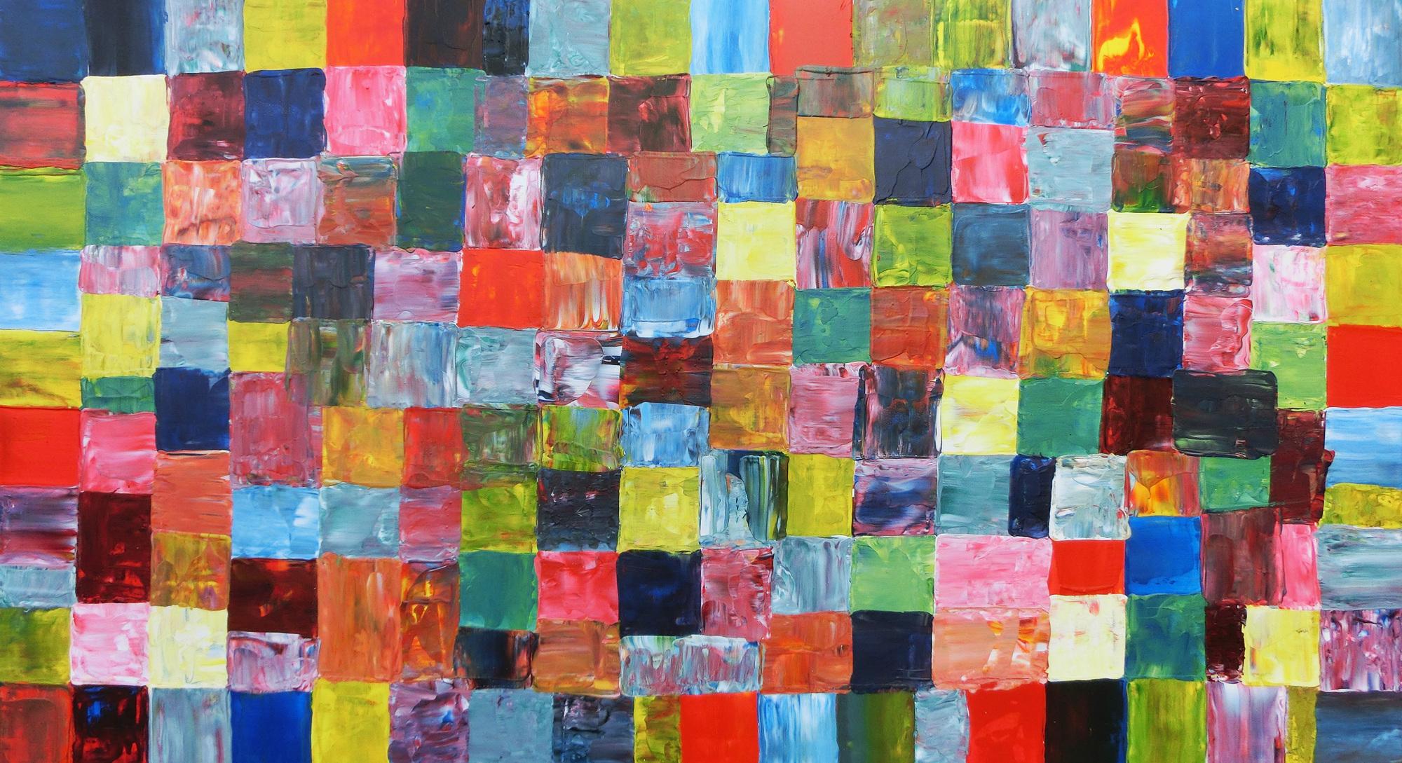 Abstraktes Acrylbild mit bunten Kacheln XXL modern