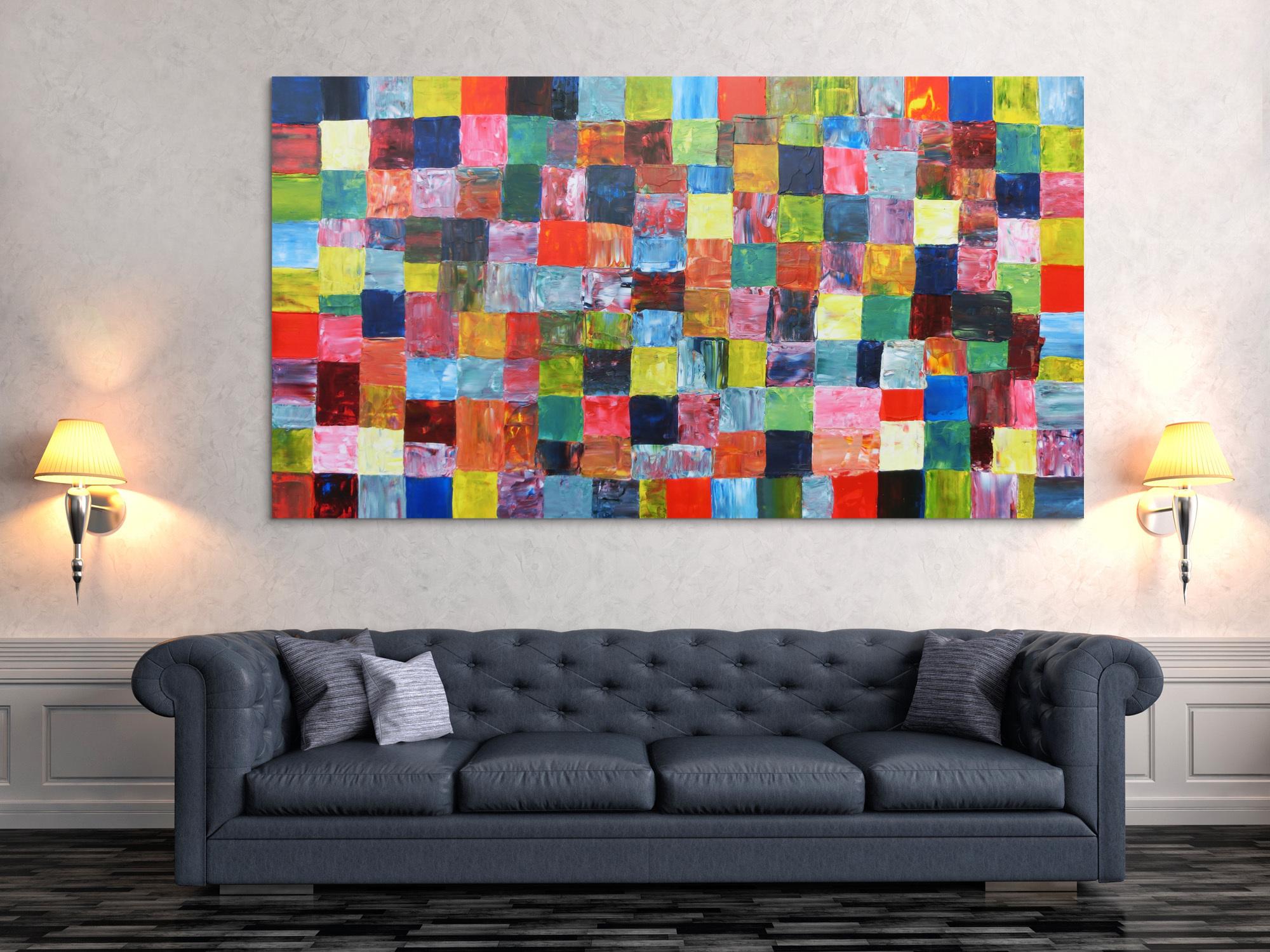 Abstraktes Acrylbild mit bunten Kacheln XXL modern