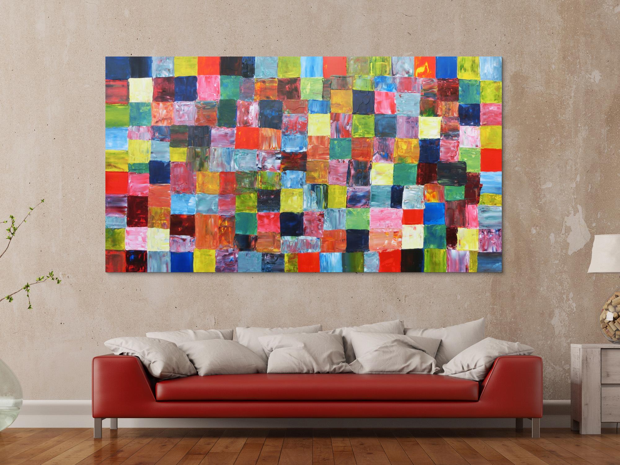 Abstraktes Acrylbild mit bunten Kacheln XXL modern