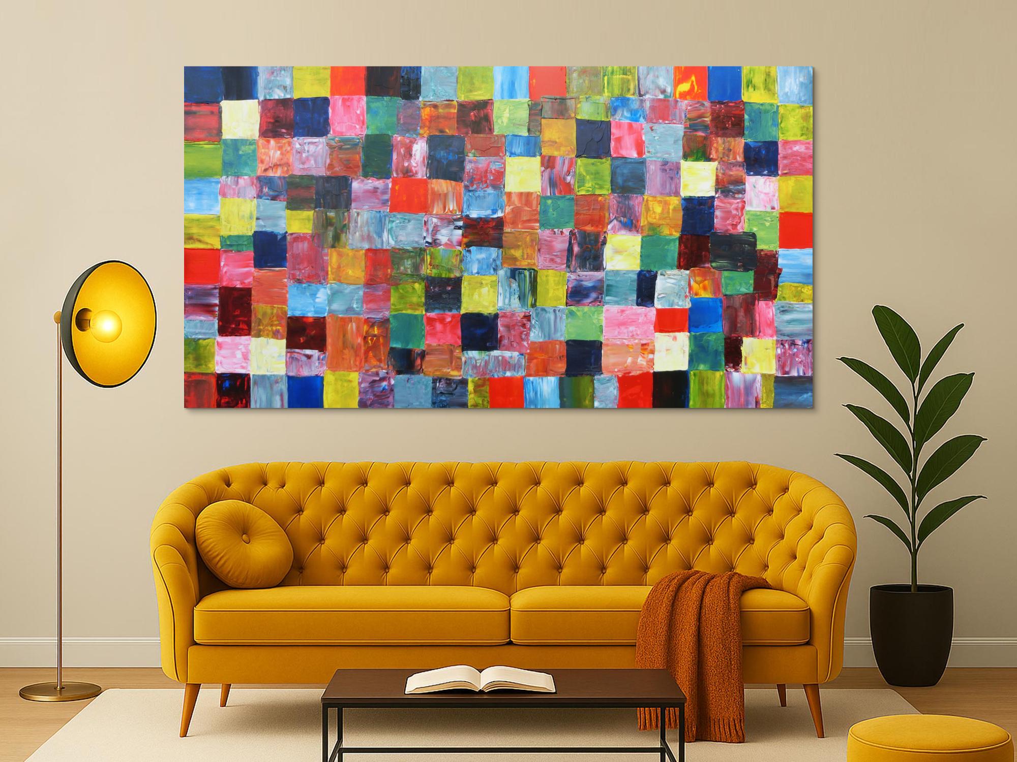 Abstraktes Acrylbild mit bunten Kacheln XXL modern