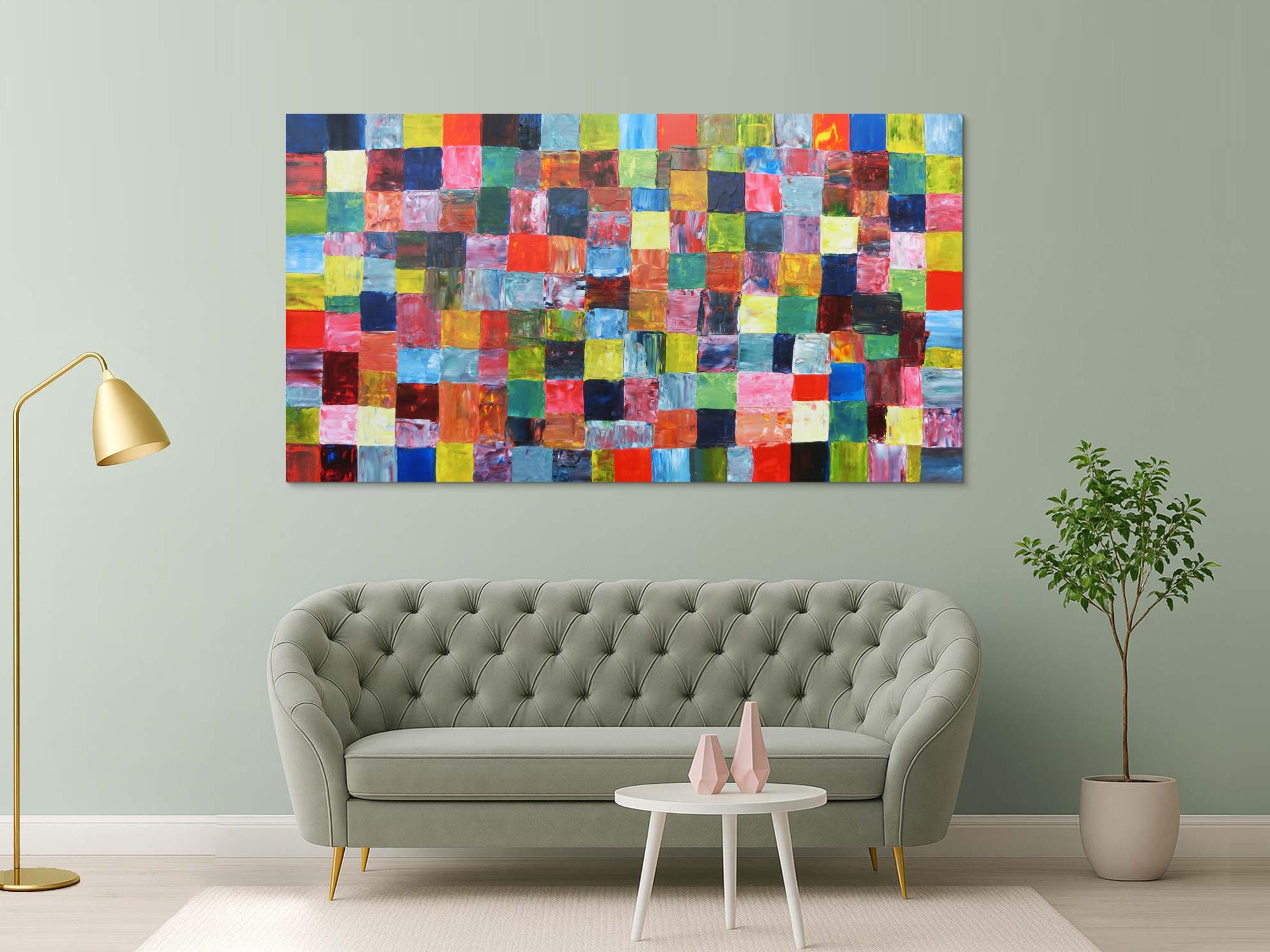 Abstraktes Acrylbild mit bunten Kacheln XXL modern