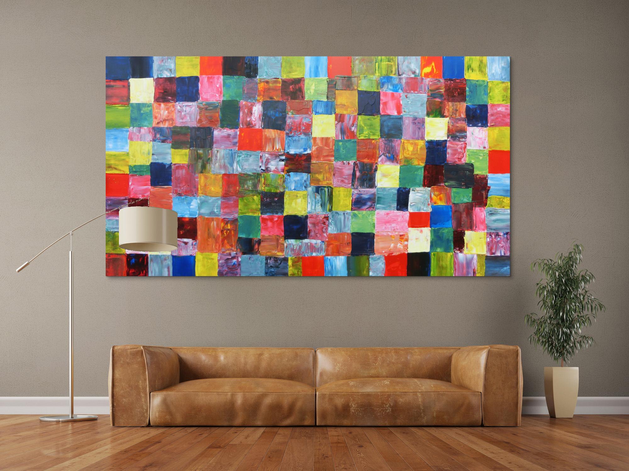 Abstraktes Acrylbild mit bunten Kacheln XXL modern