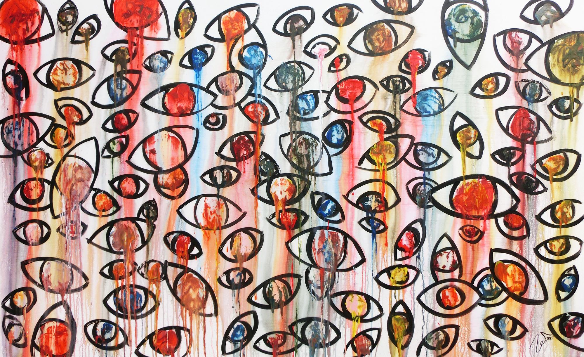 Abstraktes Acrylbild mit vielen Augen bunt modern schlicht