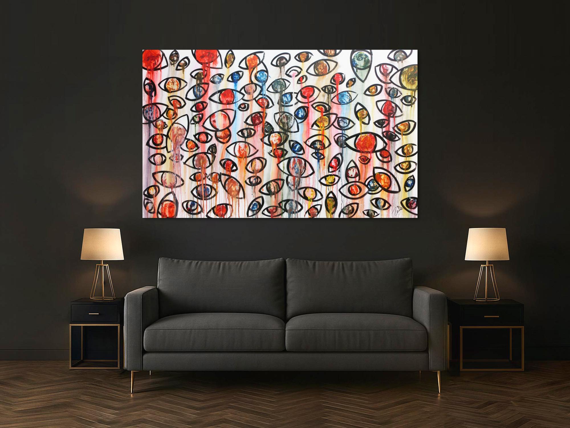 Abstraktes Acrylbild mit vielen Augen bunt modern schlicht