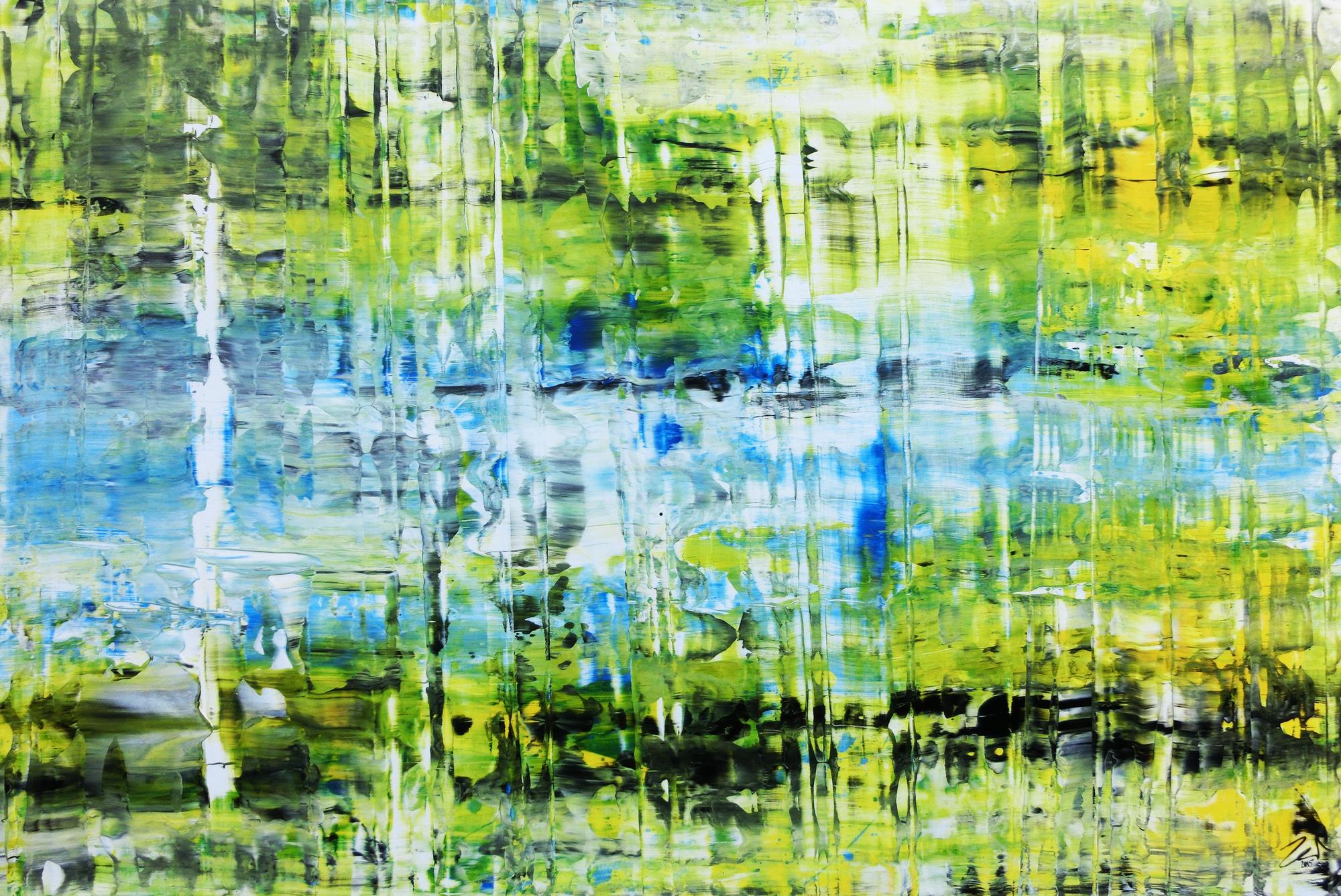 Abstraktes Acrylbild in grün gelb blau modern und speziell