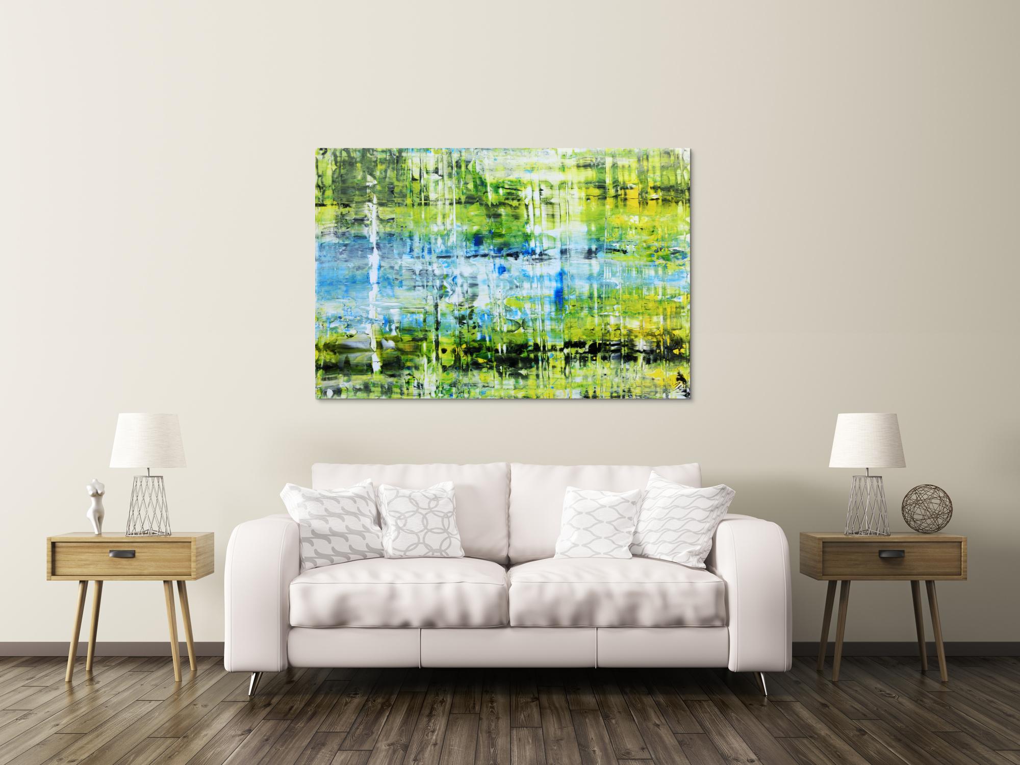 Abstraktes Acrylbild in grün gelb blau modern und speziell