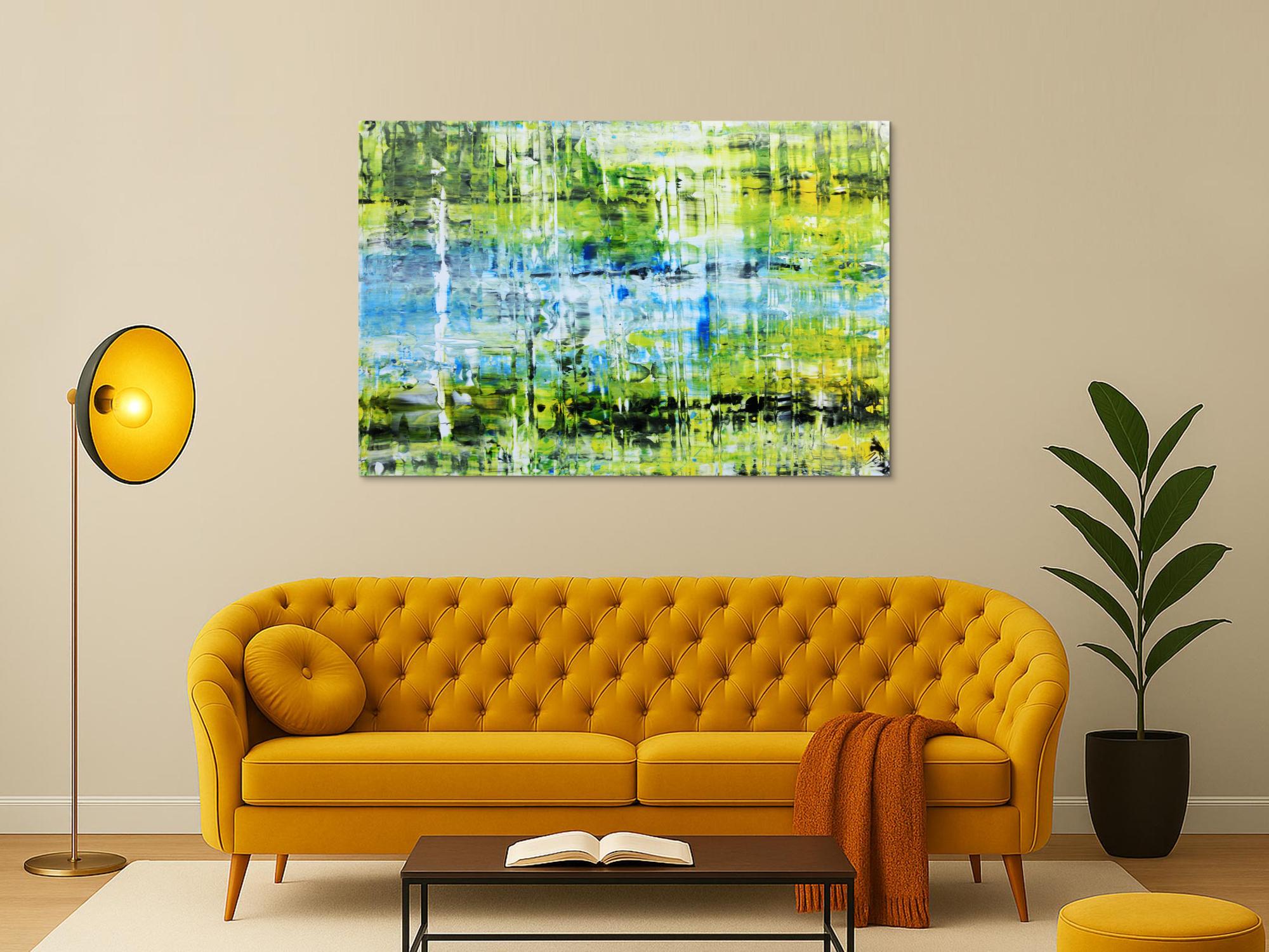 Abstraktes Acrylbild in grün gelb blau modern und speziell