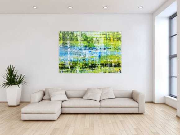 Abstraktes Acrylbild in grün gelb blau modern und speziell