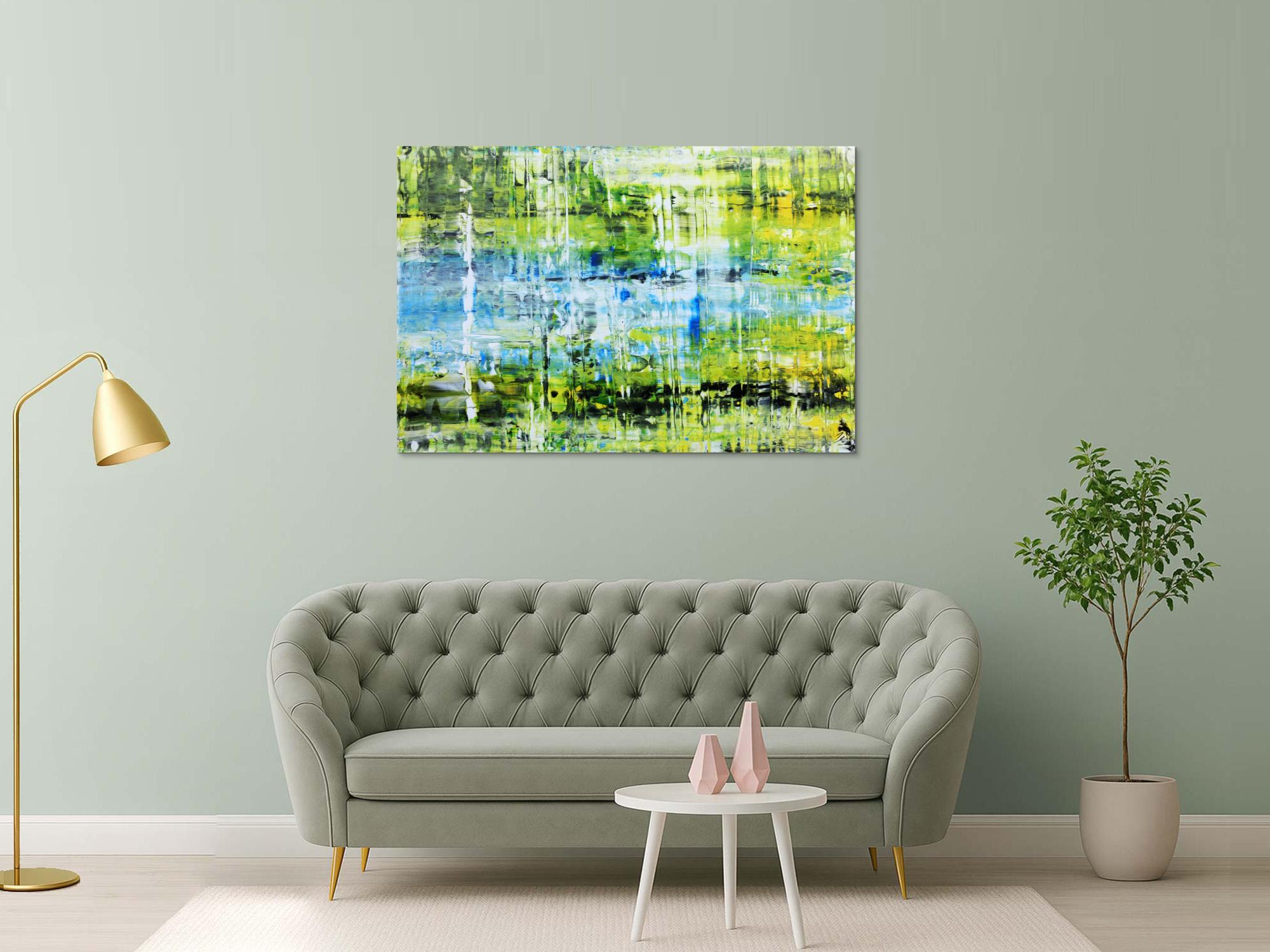 Abstraktes Acrylbild in grün gelb blau modern und speziell