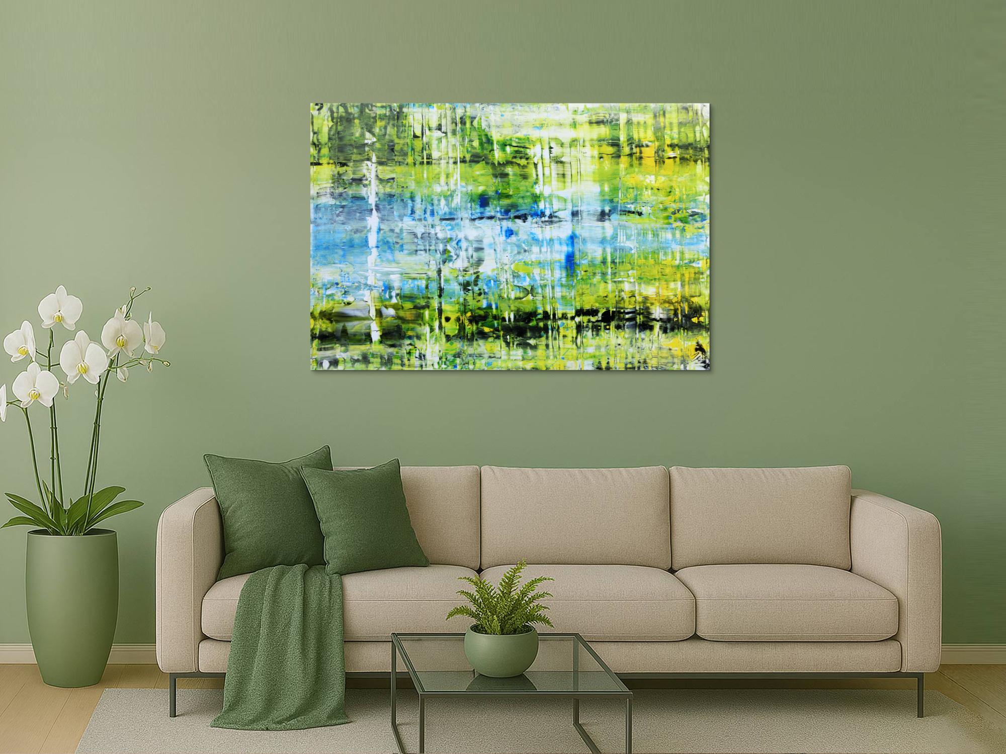Abstraktes Acrylbild in grün gelb blau modern und speziell