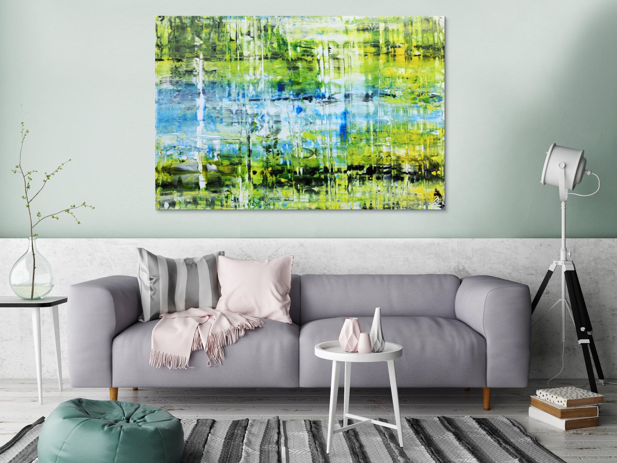 Abstraktes Acrylbild in grün gelb blau modern und speziell