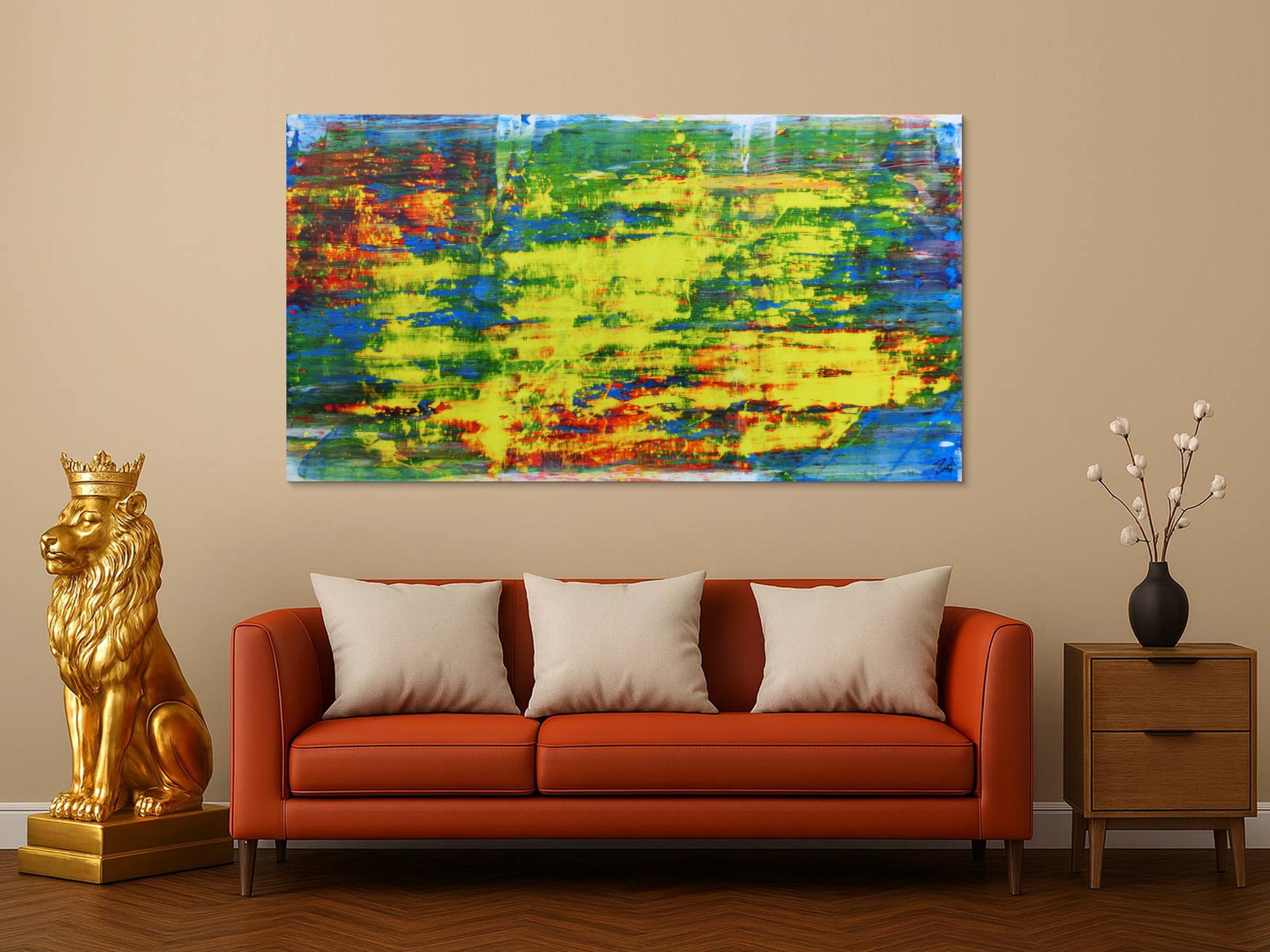 Modernes Acrylgemälde sehr abstrakt bunt blau gelb