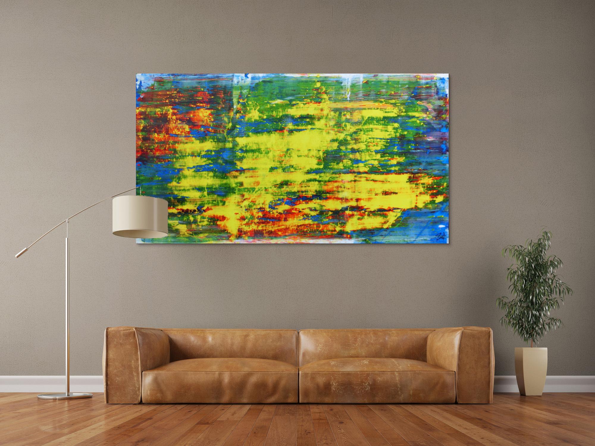 Modernes Acrylgemälde sehr abstrakt bunt blau gelb