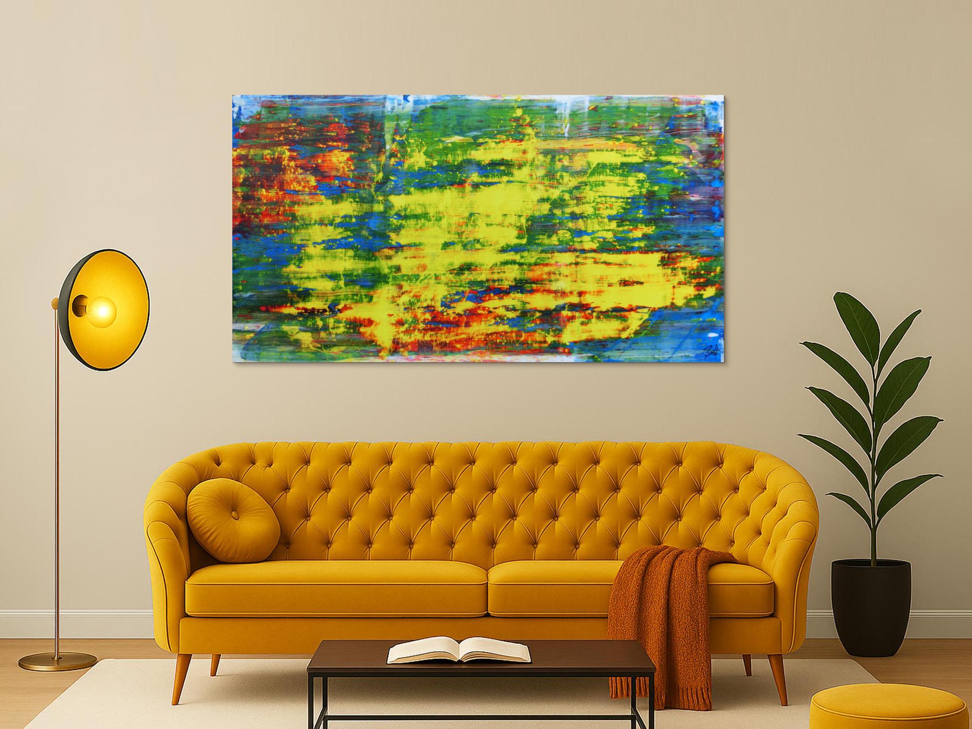 Modernes Acrylgemälde sehr abstrakt bunt blau gelb