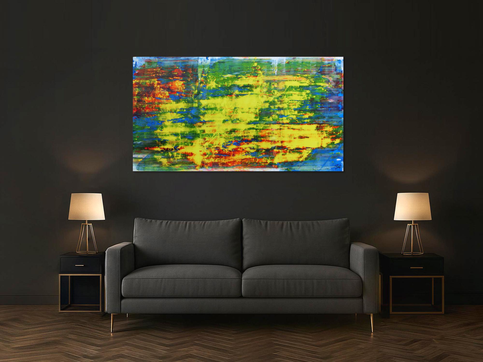 Modernes Acrylgemälde sehr abstrakt bunt blau gelb