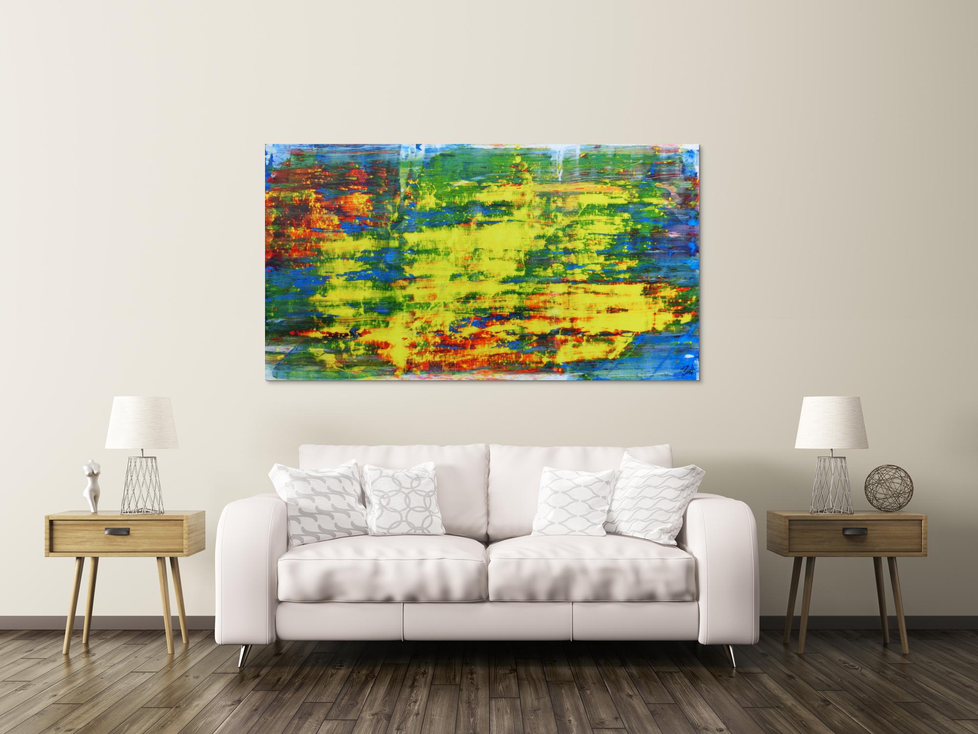 Modernes Acrylgemälde sehr abstrakt bunt blau gelb