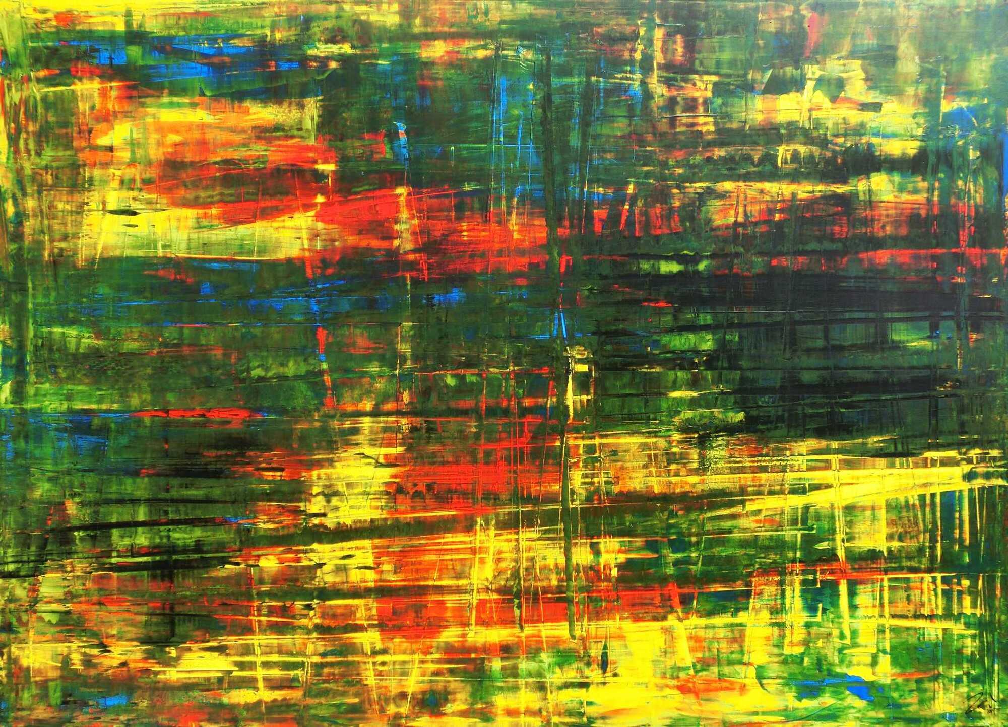 Abstraktes Acrylbild Spachteltechnik grün gelb rot