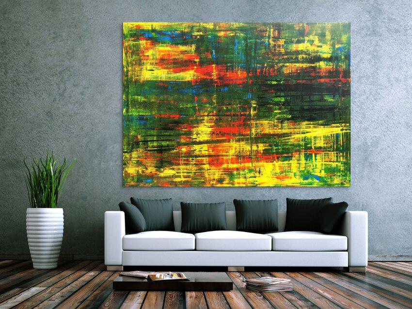 Abstraktes Acrylbild Spachteltechnik grün gelb rot