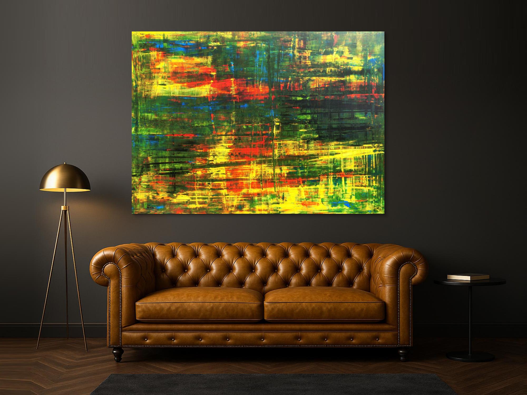 Abstraktes Acrylbild Spachteltechnik grün gelb rot