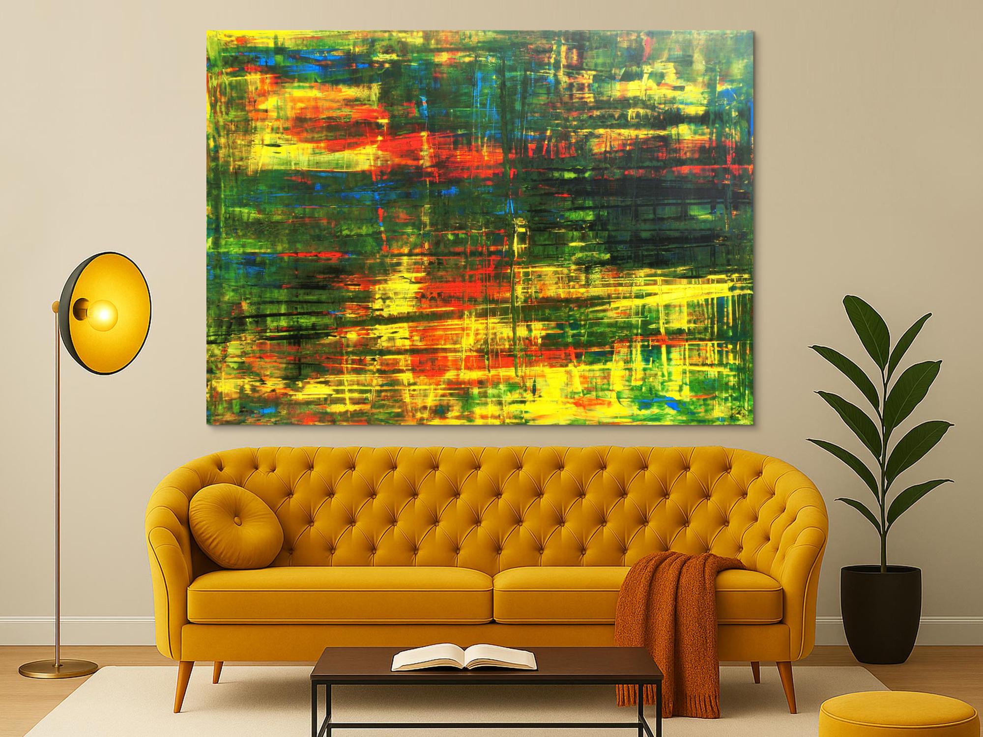 Abstraktes Acrylbild Spachteltechnik grün gelb rot