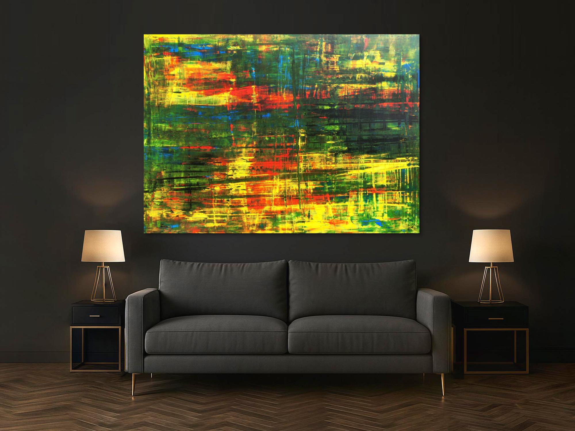 Abstraktes Acrylbild Spachteltechnik grün gelb rot