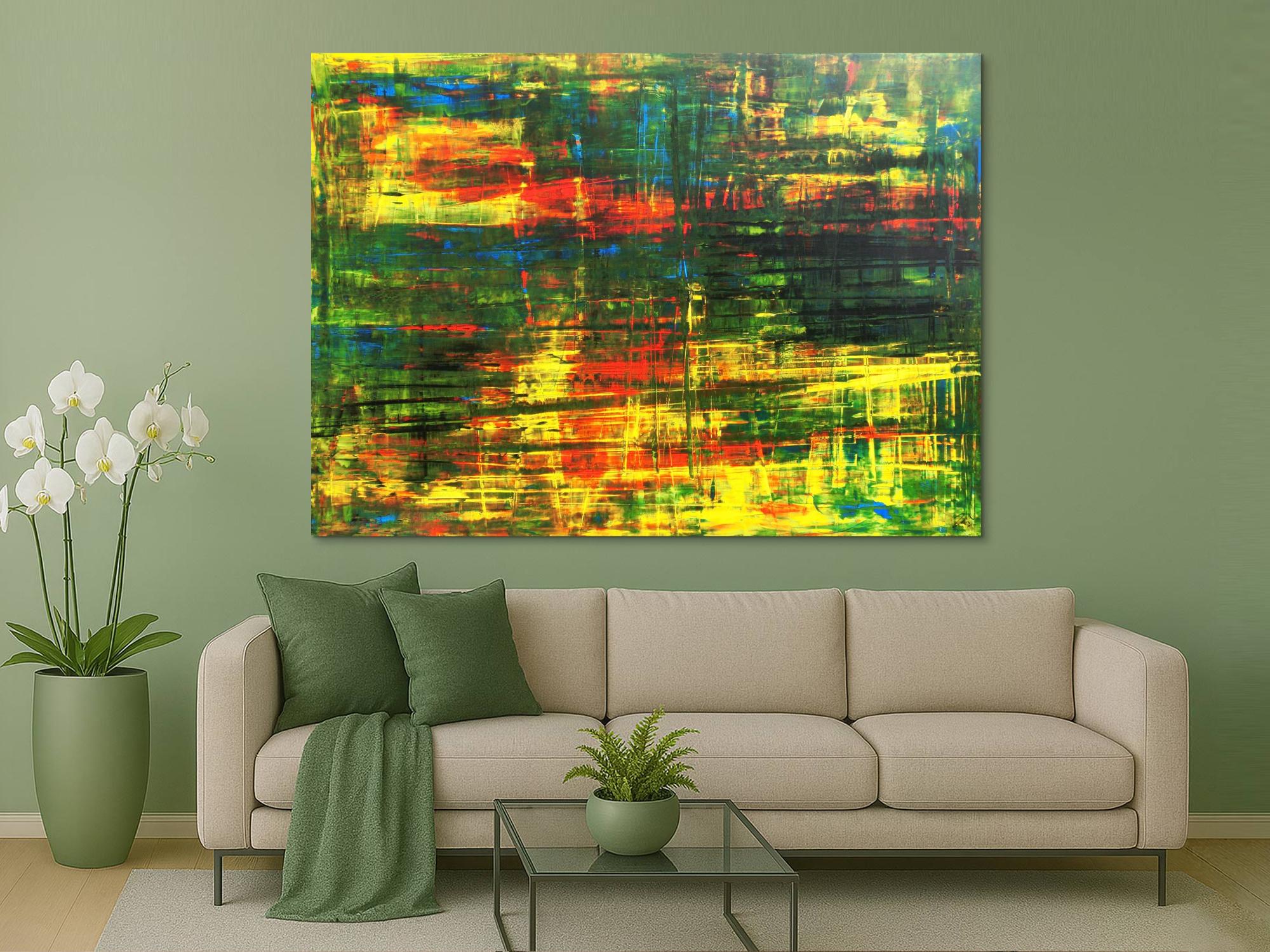 Abstraktes Acrylbild Spachteltechnik grün gelb rot