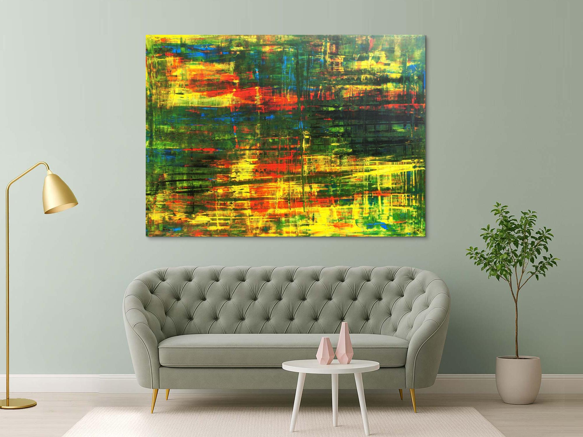 Abstraktes Acrylbild Spachteltechnik grün gelb rot