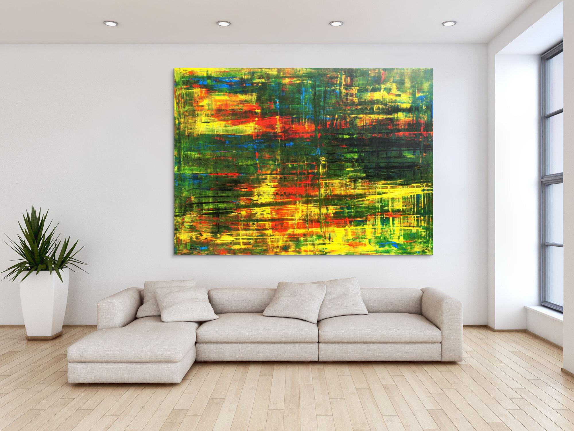 Abstraktes Acrylbild Spachteltechnik grün gelb rot