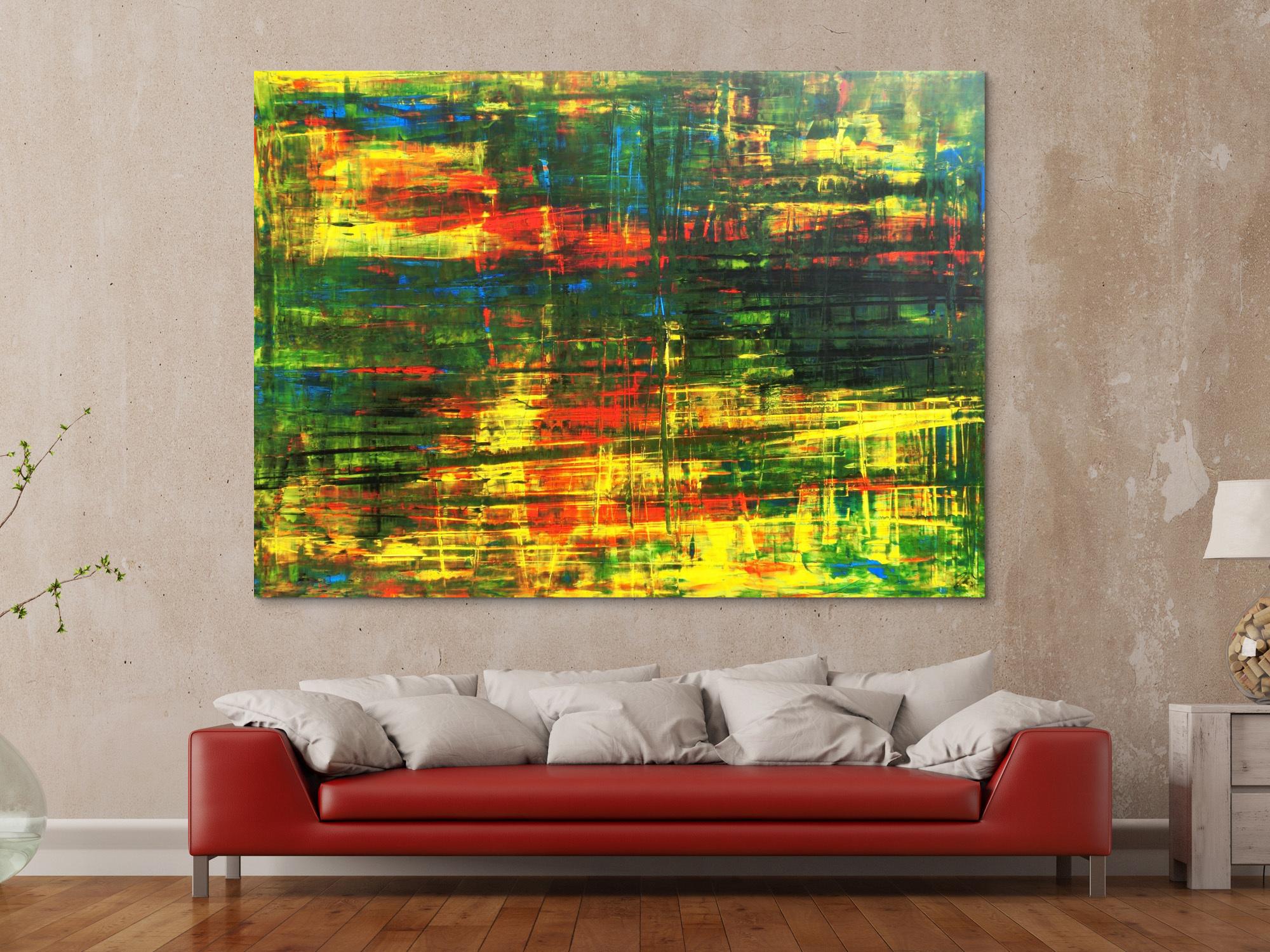 Abstraktes Acrylbild Spachteltechnik grün gelb rot