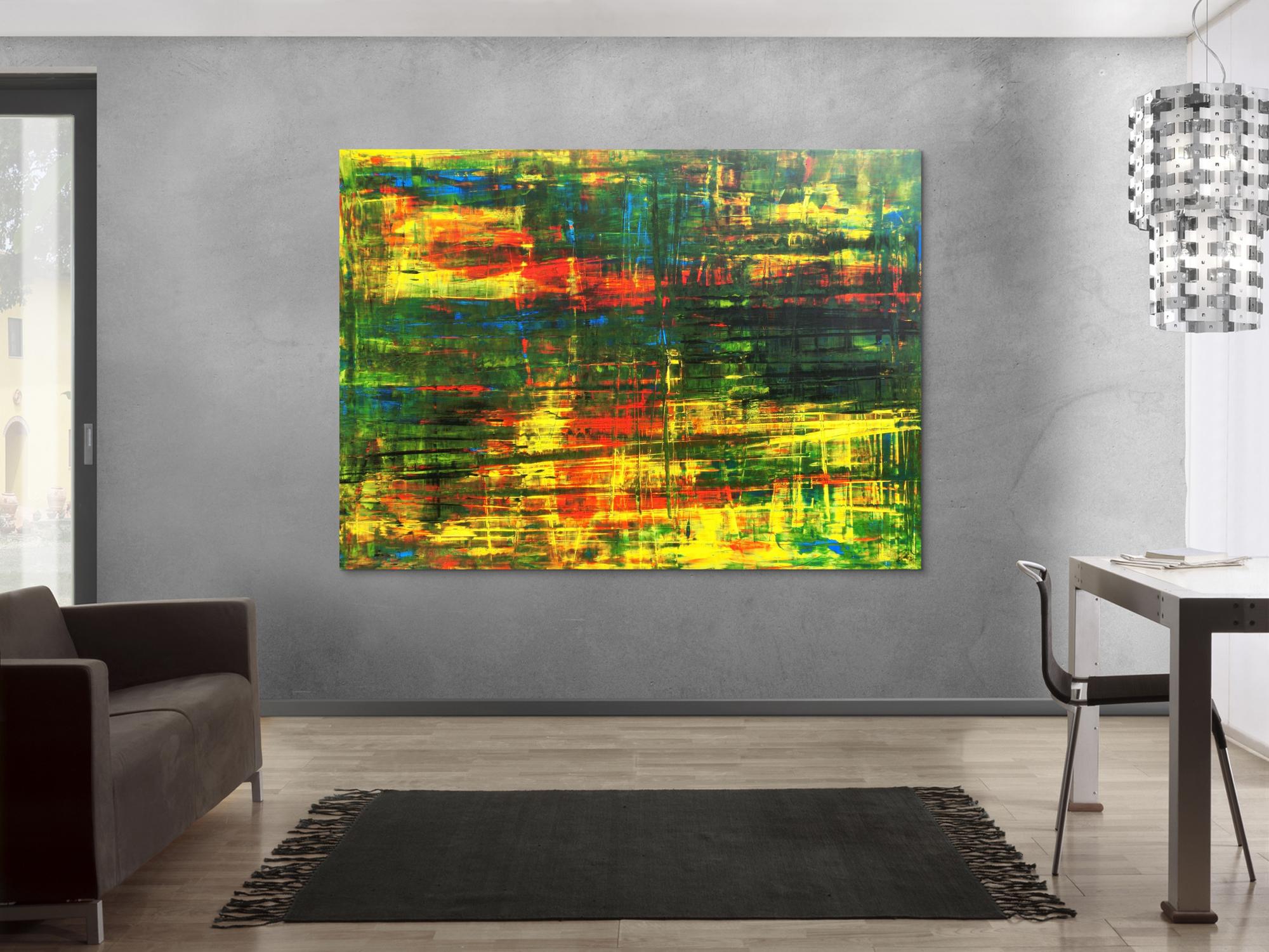 Abstraktes Acrylbild Spachteltechnik grün gelb rot