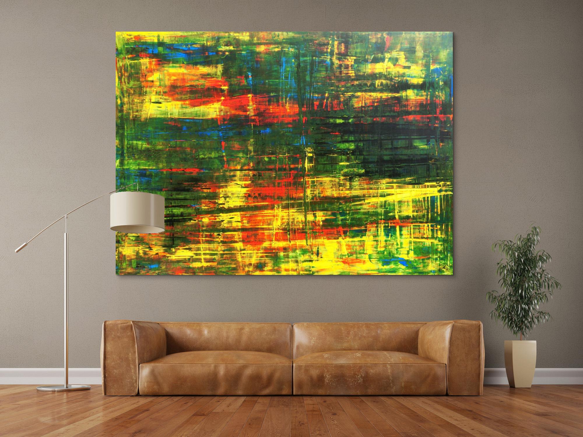 Abstraktes Acrylbild Spachteltechnik grün gelb rot