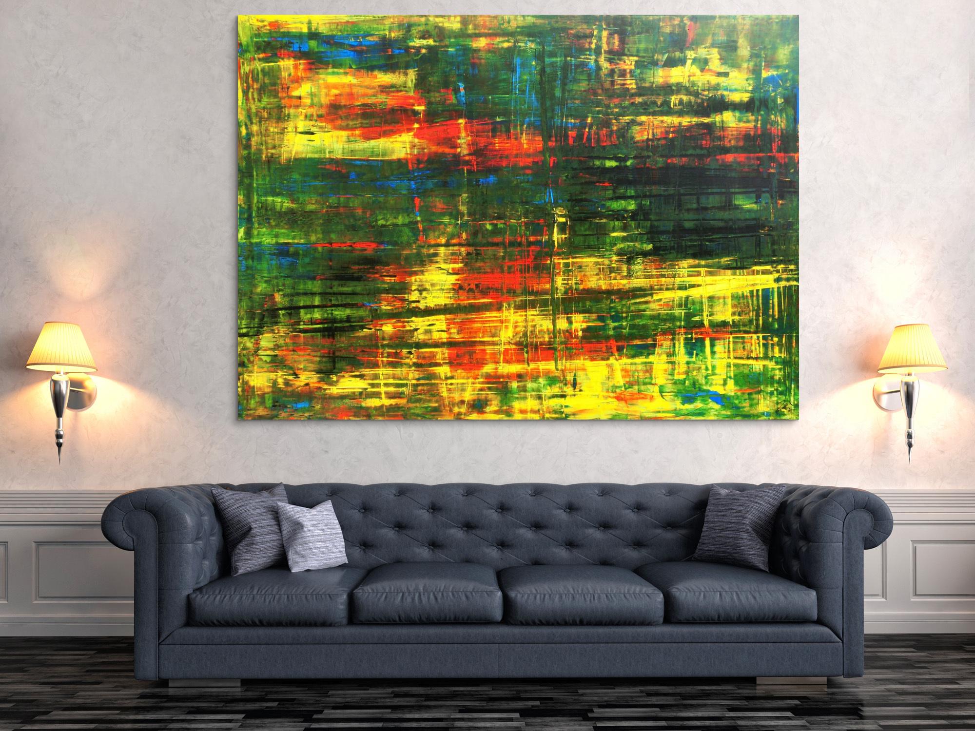 Abstraktes Acrylbild Spachteltechnik grün gelb rot