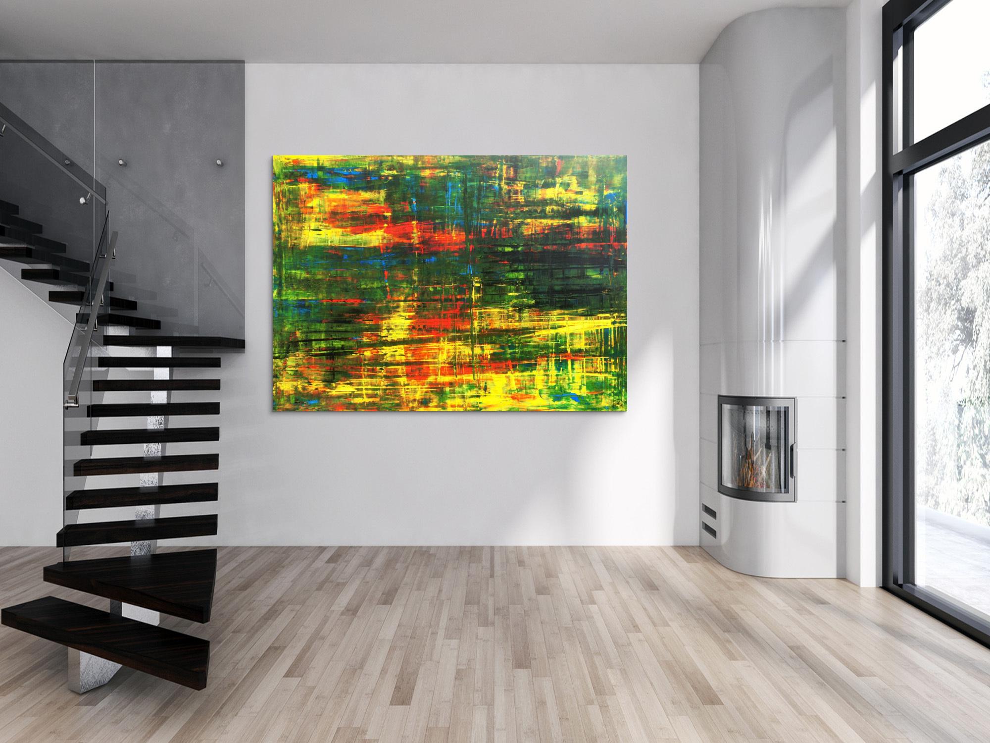 Abstraktes Acrylbild Spachteltechnik grün gelb rot