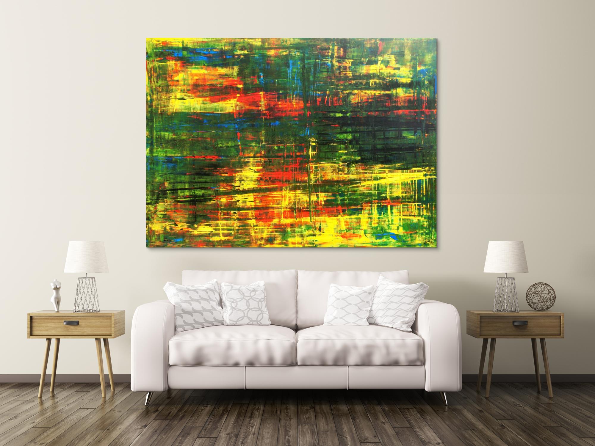 Abstraktes Acrylbild Spachteltechnik grün gelb rot