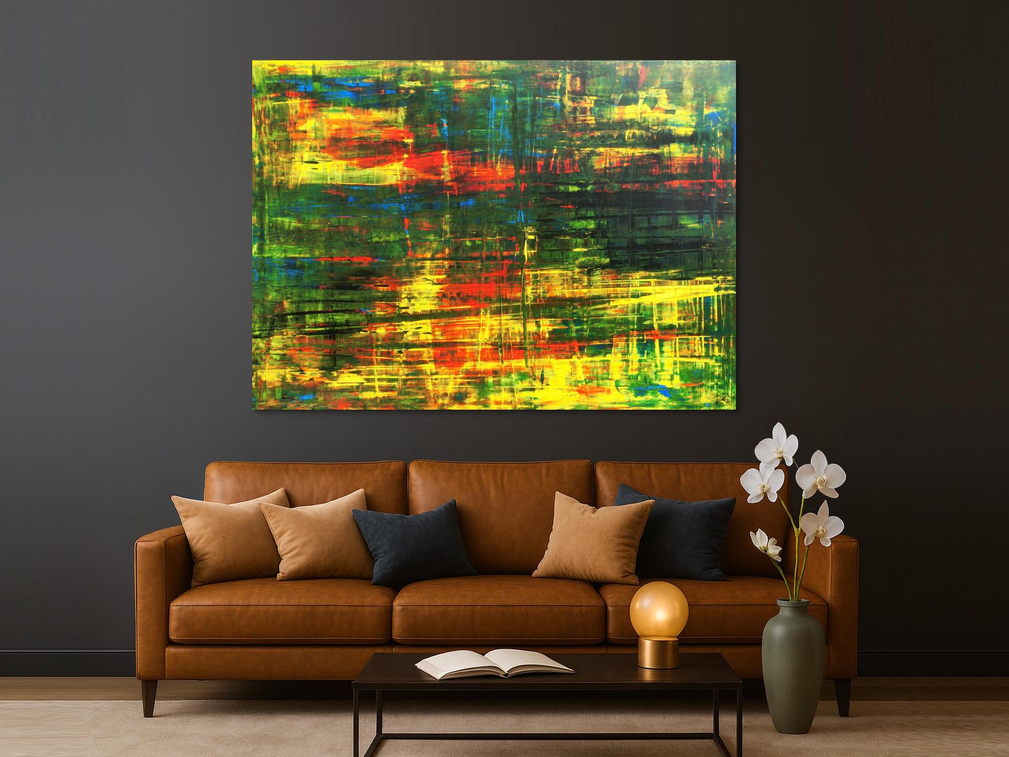 Abstraktes Acrylbild Spachteltechnik grün gelb rot